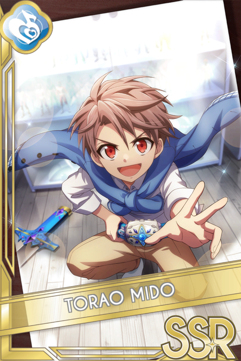 「16 IDOL ALBUM 2」カードイラスト(SSR・Melody)。御堂虎於が青のスカーフを肩に巻いてしゃがみ、手を大きく開く。足元には青く光る剣形の装飾、明るい店の棚が背景