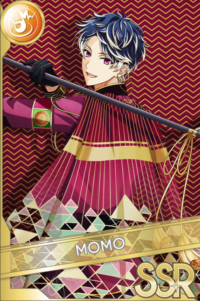 「ONLY ONCE, ONLY 7TH.」カードイラスト(SSR・Shout)。百が紫紅と金の縦縞の上着を袖元に金襴を携え、革の手袋で長い棒を肩に担ぐ。紅金の波紋と多角形の飾り