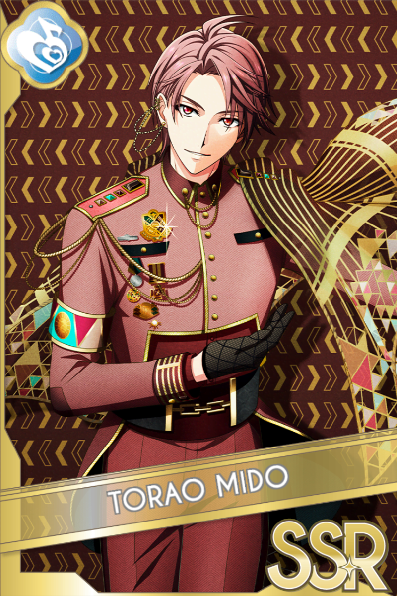 「ONLY ONCE, ONLY 7TH.」カードイラスト(SSR・Melody)。御堂虎於が暗赤の金飾りの上衣に金色の肩当てと黒の手袋、腹の前へ手を添えて笑う。暗赤の地に金色の矢印が背景