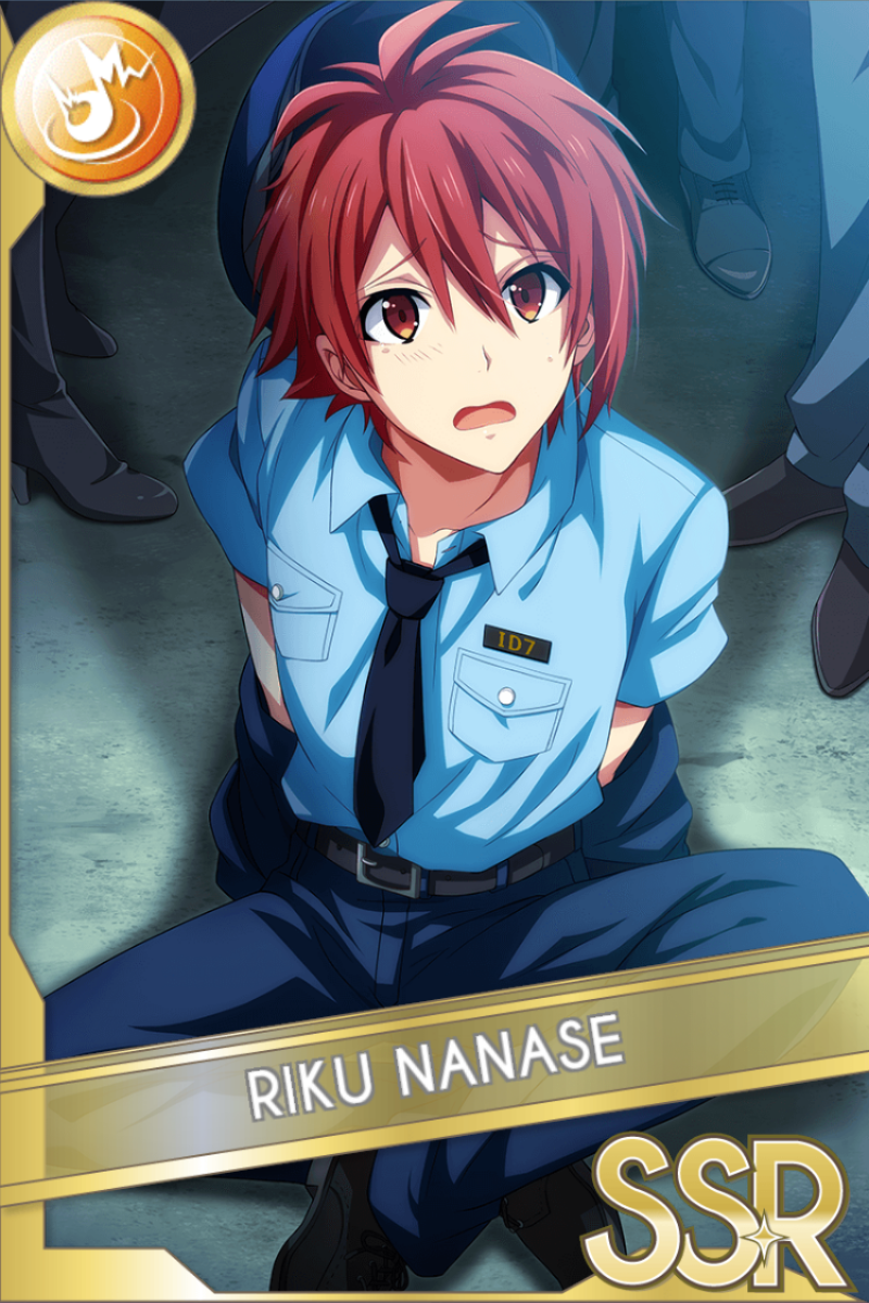 「アイナナ警察3」カードイラスト（SSR・Shout）。七瀬陸が青い制服を着て、床に座って上を見上げている。背景に他の人物の足が見える