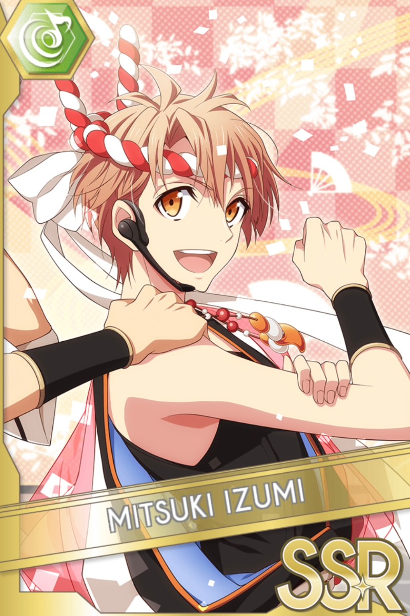 「MATSURI」カードイラスト(SSR・Beat)。和泉三月がヘッドセットを付けて、腕を組んで歌っている。背景にピンクと白の装飾が見える