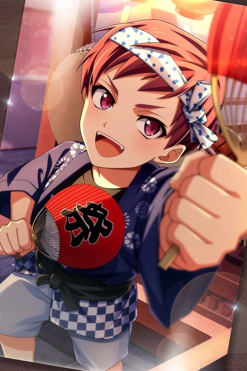 「16 IDOL ALBUM 2」カードイラスト（SSR・Shout）。狗丸トウマが青い法被を着て、赤い提灯を持っている。背景に祭りの提灯と光が見える