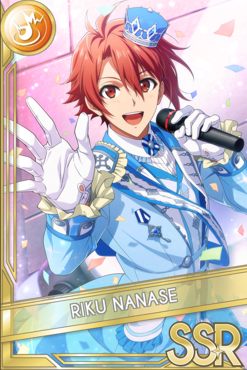 「IDOL STAR LIVE 2023」カードイラスト(SSR・Shout)。七瀬陸が青い冠と青白の王子風衣装でマイクを持ち、白手袋の掌を広げる。紙吹雪が舞う桃色の背景