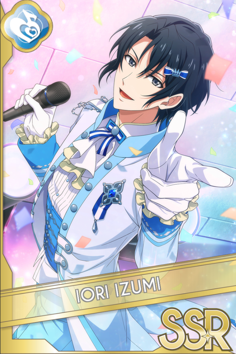 「IDOL STAR LIVE 2023」カードイラスト(SSR・Melody)。和泉一織が白と青の王子風衣装に白手袋をはめ、マイクを持ち掌を差し出す。紙吹雪の舞う桃色の背景