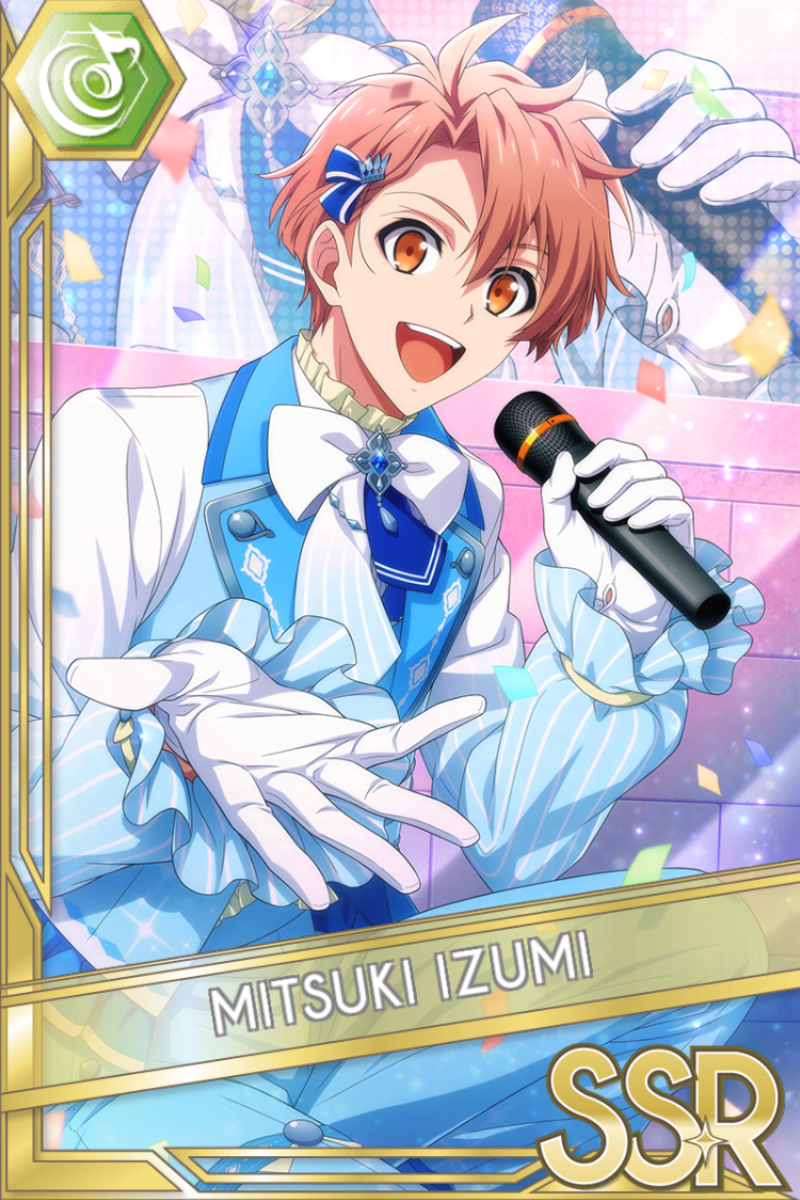 「IDOL STAR LIVE 2023」カードイラスト(SSR・Beat)。和泉三月が白と青の衣装に白手袋をはめ、マイクを持ち掌を広げる。紙吹雪の舞う桃色の背景