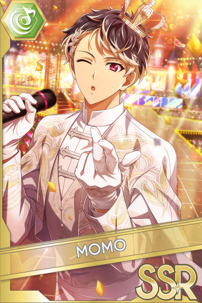 「IDOL STAR LIVE 2023」カードイラスト(SSR・Beat)。百が冠を載せ白い衣装に白手袋をはめ、マイクを持ち片眼を閉じる。金色の光が舞う背景