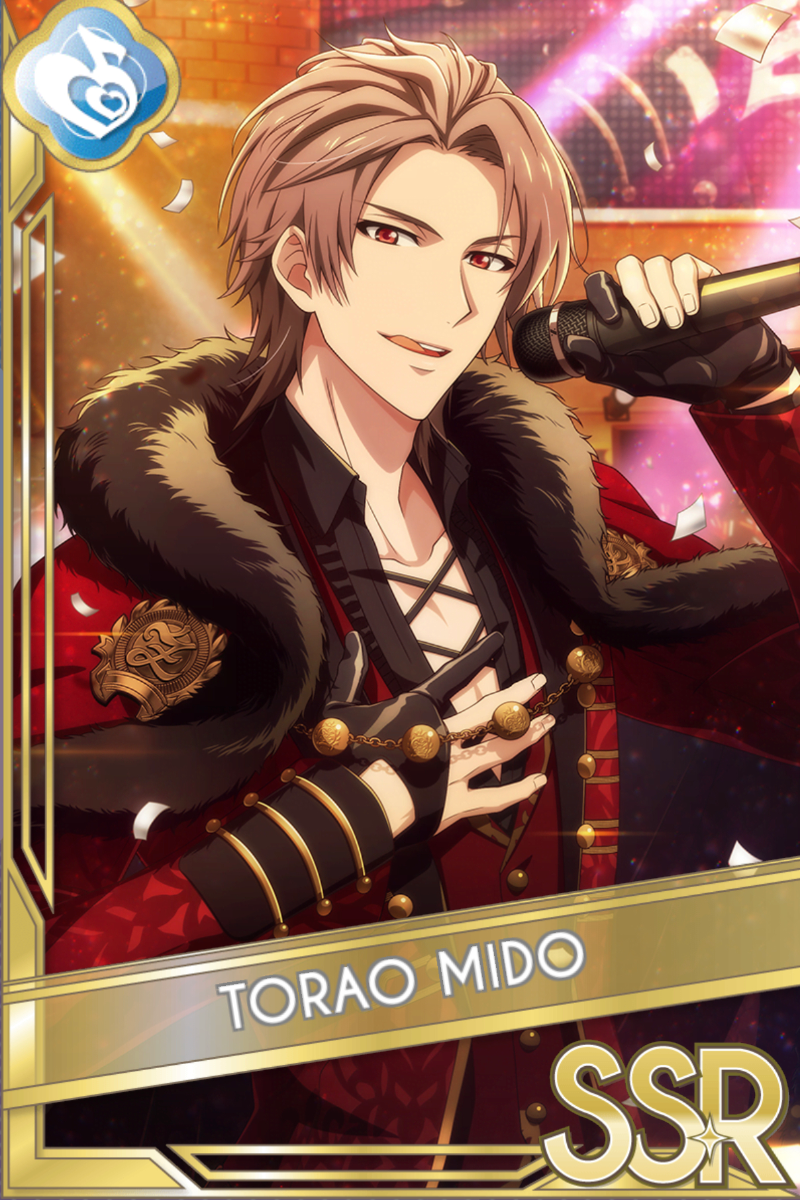 「IDOL STAR LIVE 2023」カードイラスト（SSR・Melody）。御堂虎於が黒いファー襟の赤いコートを着て、マイクを持ち微笑む。紙吹雪と光が舞う背景