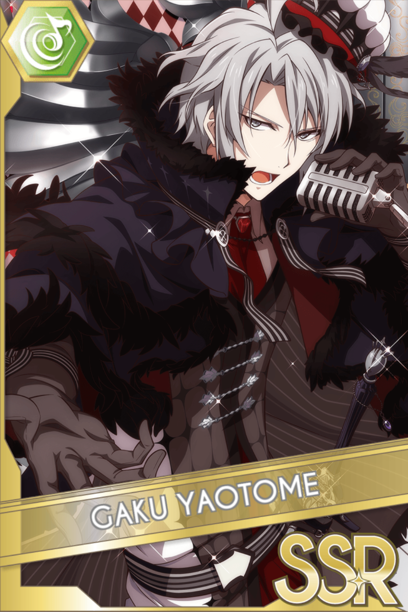 「black side」カードイラスト(SSR・Beat)。八乙女楽が黒い毛皮襟のコートに赤いインナーを着て、立てたマイクに向かう。幾何学模様の暗い背景