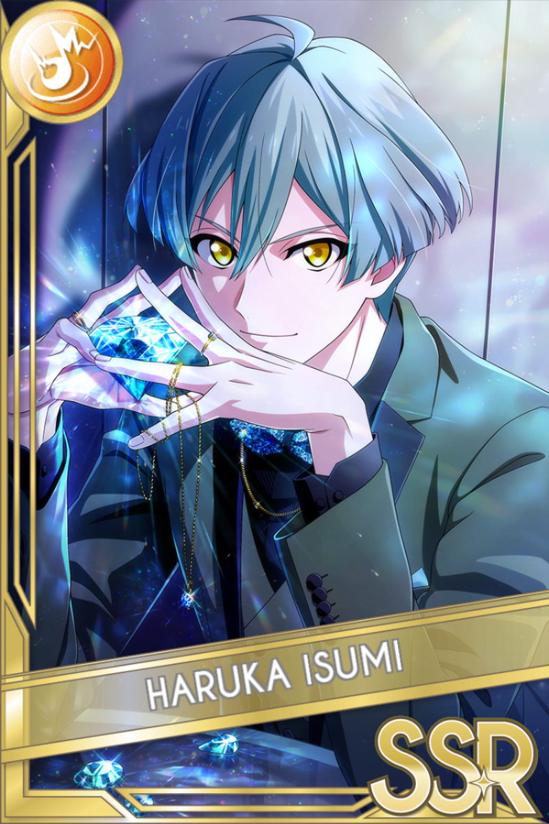 「La’ Stiara」カードイラスト(SSR・Shout)。亥清悠が黒いジャケットを纏い、光る青い宝石を両手で包み込む。室内の光と窓の景色が背景に見える