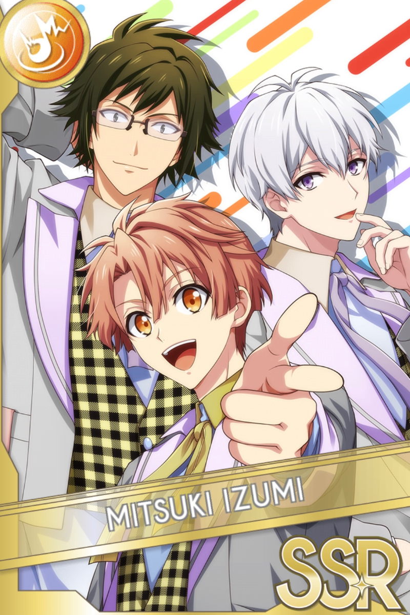 「16PRODUCERS 2」カードイラスト（SSR・Shout）。三人の青年が白い衣装を纏い、ポーズを取る。カラフルな線模様が背景に見える