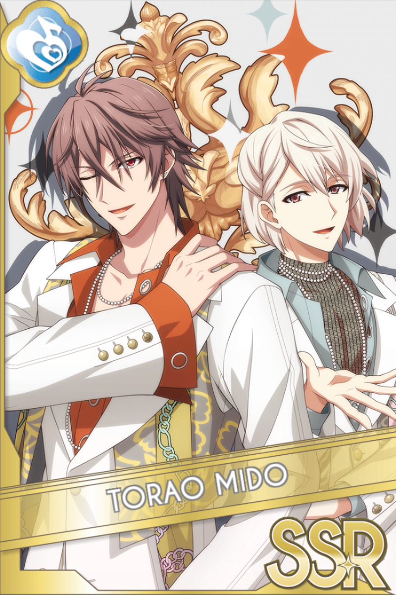 「16PRODUCERS 2」カードイラスト(SSR・Melody)。二人の青年が白い衣装を纏い、金色の装飾の前でポーズを取る。幾何学模様が背景に見える