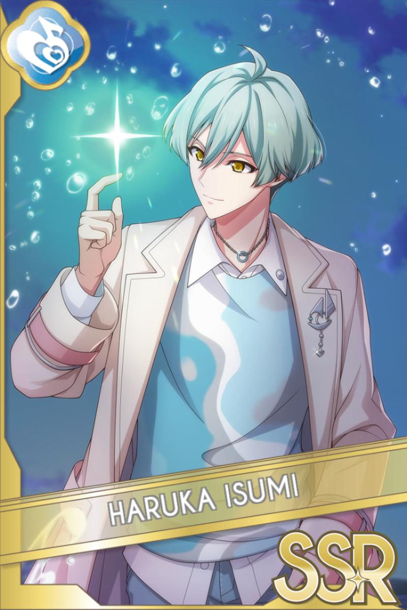 「GREEN BUBBLE」カードイラスト(SSR・Melody)。亥清悠が白い衣装を纏い、指を立てて光る星を指す。青空と泡が背景に見える
