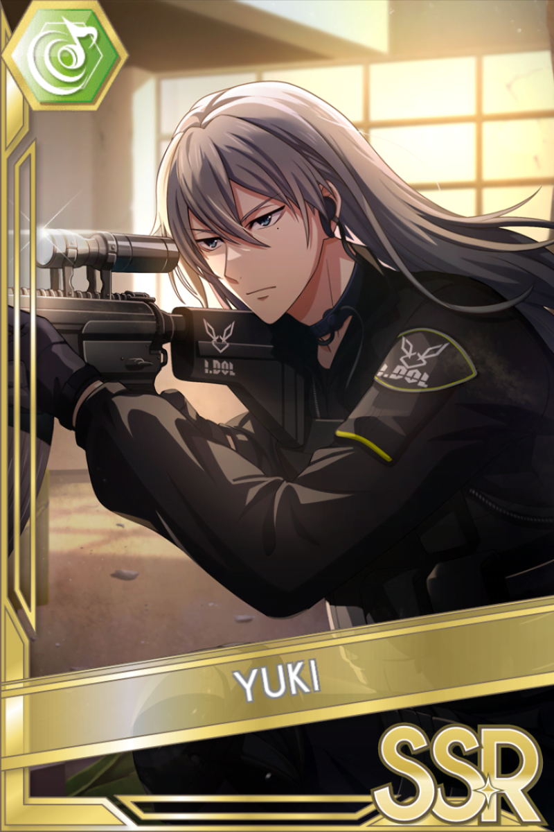 「DUSK TiLL DAWN2 2024」カードイラスト（SSR・Beat）。千が黒い制服を着てスコープ付きの銃を覗き、夕日の差す室内にいる