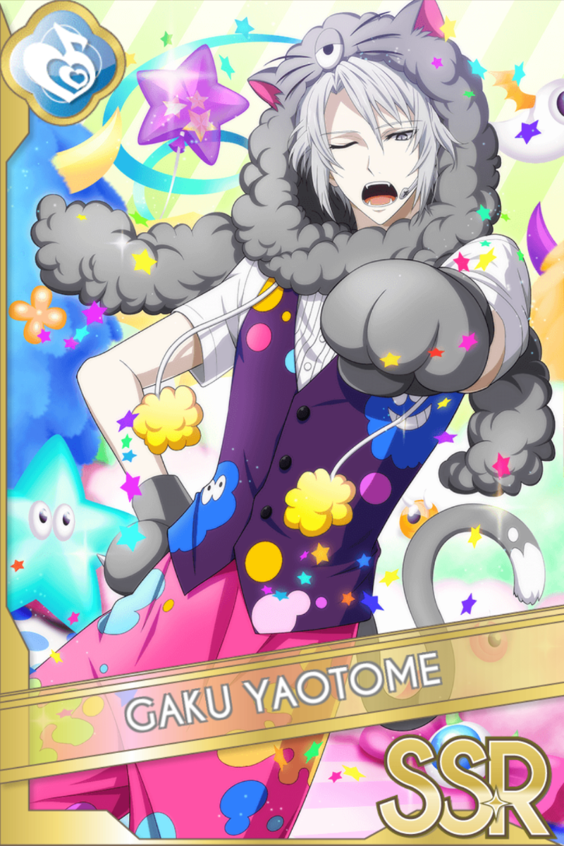 「モンスター2」カードイラスト(SSR・Melody)。八乙女楽が灰色のモンスター風パーカーを被り、紫のベストと赤いズボンで片眼を閉じ口を開ける。星が舞うカラフルな背景