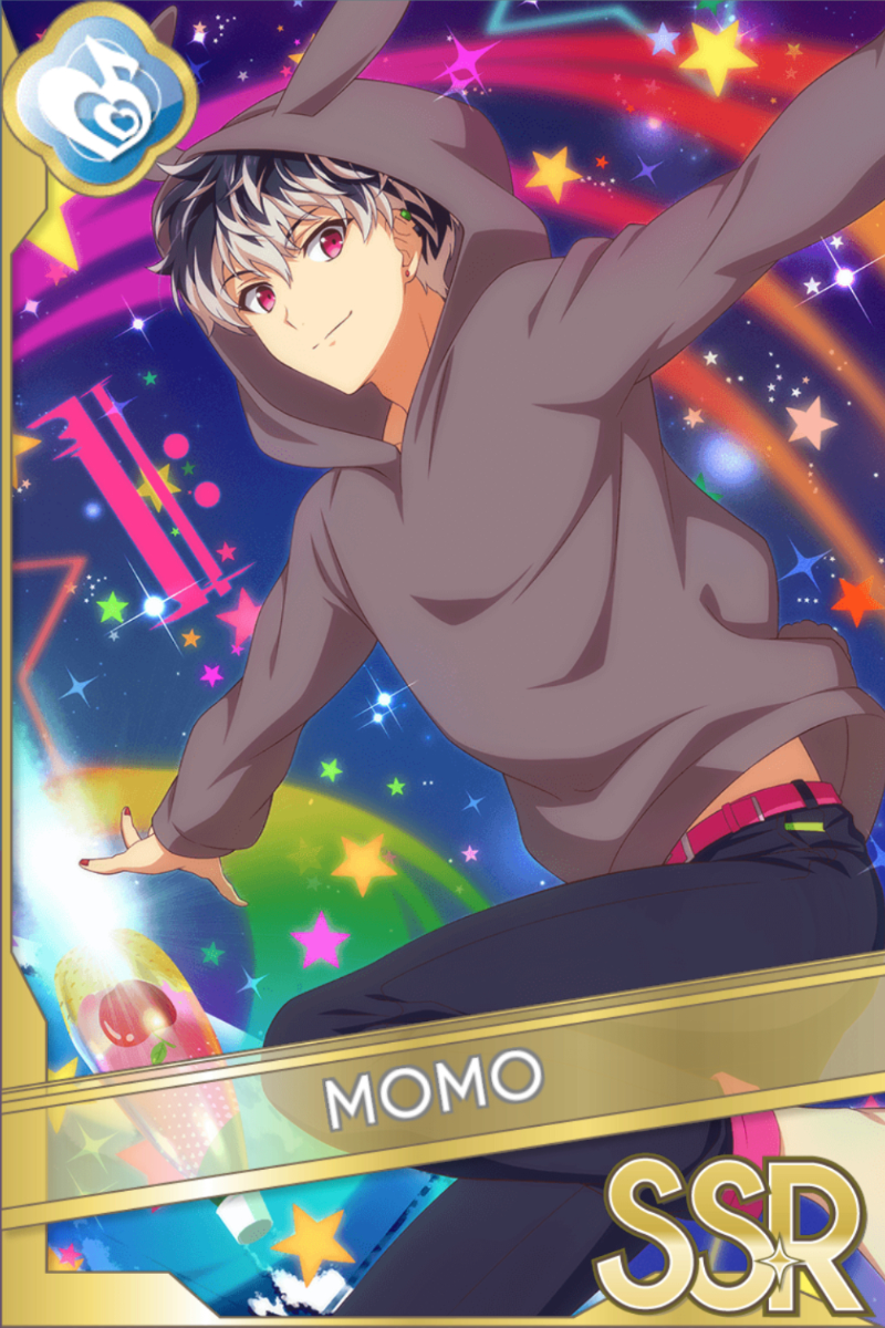 「うさ耳パーカー2」カードイラスト（SSR・Melody）。百が紺のファー付きコートと手袋で、開いた赤い本を持ち微笑む。氷の結晶とオーナメントが輝く青い背景