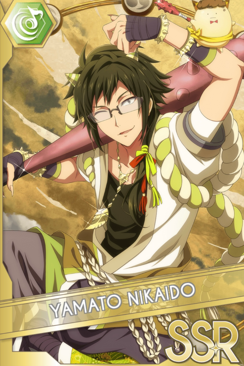 「King pudding」カードイラスト(SSR・Beat)。二階堂大和が白黒緑の衣装で、肩に乗せた鳥の人形とともに腕を掲げる。金色に輝く背景