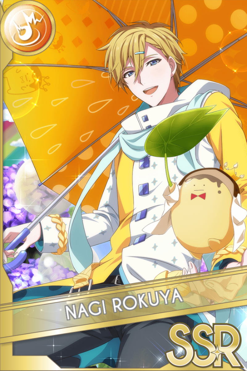 「King pudding」カードイラスト(SSR・Shout)。六弥ナギが白い衣装に水色のマフラーを巻き、オレンジ色の傘と葉を持ち、黄色い人形と共にオレンジ色の背景の前にいる