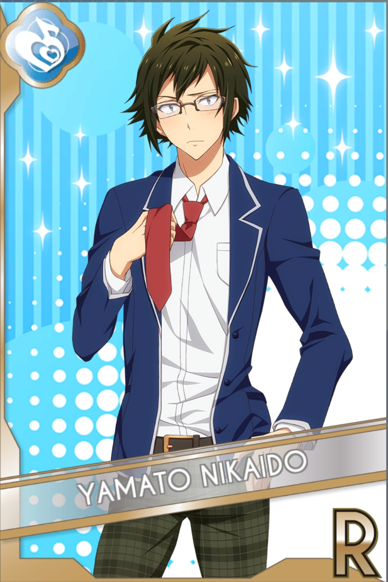 「アイナナ学園」カードイラスト（R・Melody）。二階堂大和が青い制服に赤いネクタイを締め、ネクタイに手を当てて、水色のキラキラした背景の前に立っている