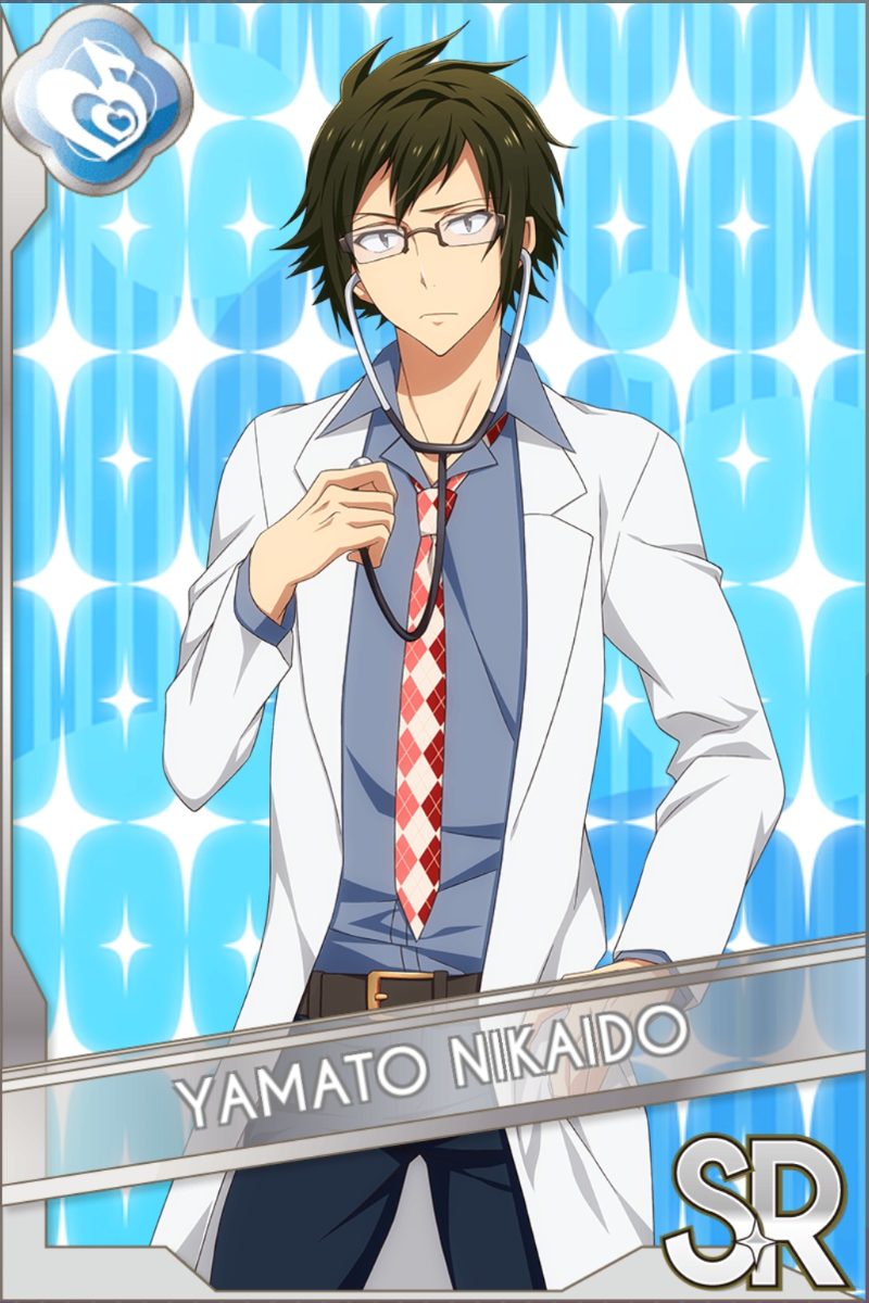 「アイナナ学園2」カードイラスト(SR・Melody)。二階堂大和が白いコートを着て、聴診器を首に掛けて、水色のキラキラした背景の前に立っている