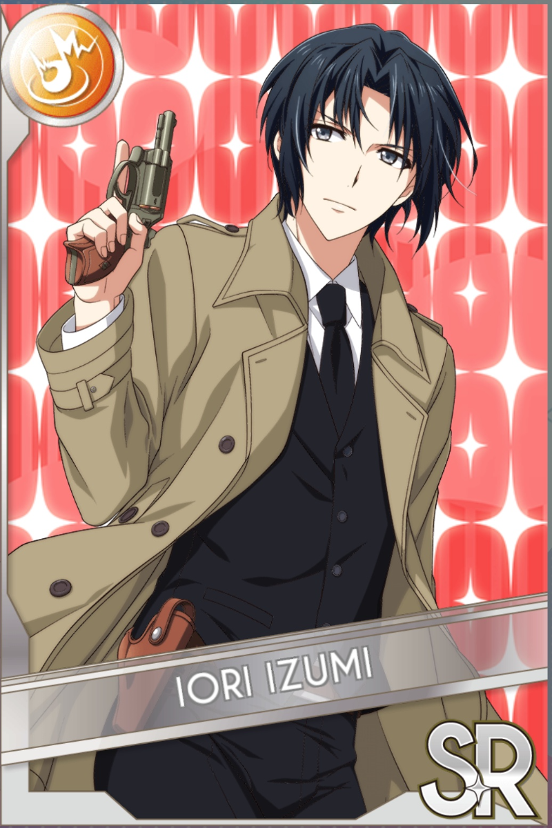 「アイナナ警察2」カードイラスト(SR・Shout)。和泉一織が黒いベストにベージュのトレンチコートを着て、拳銃を構えて正面を見る。赤のキラキラ背景