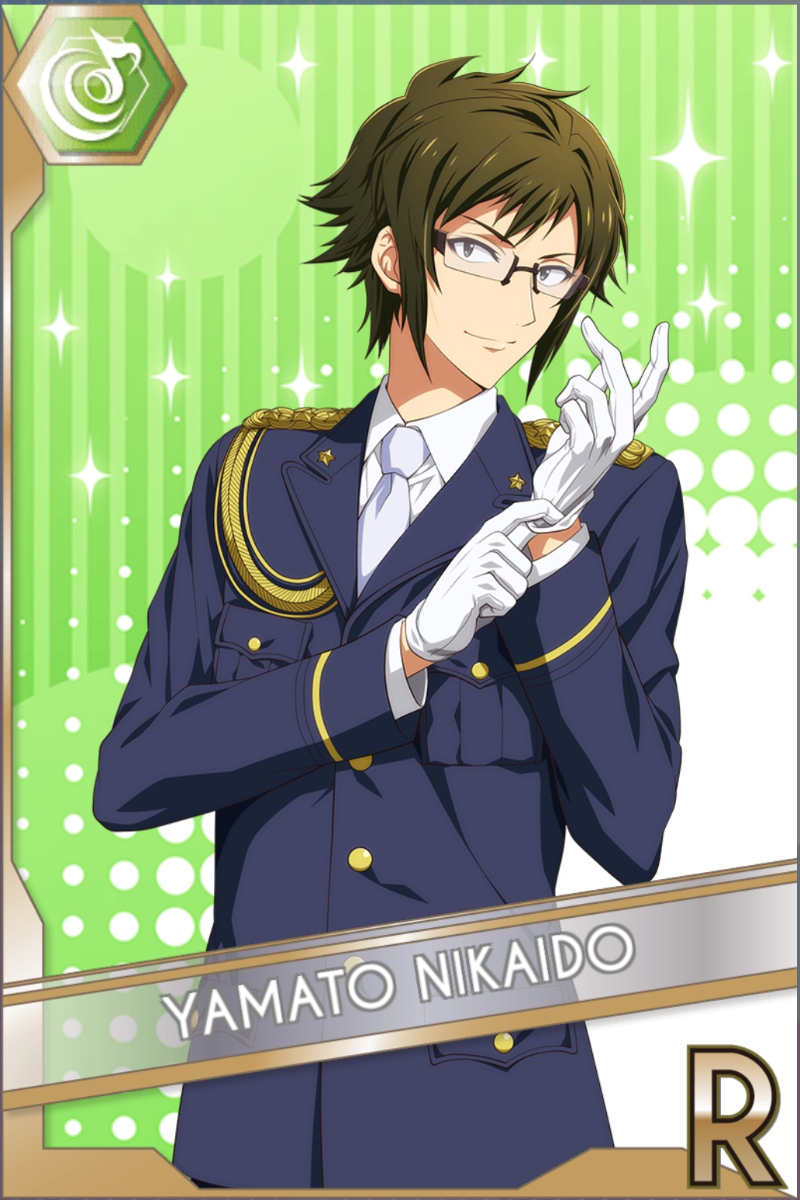 「アイナナ警察」カードイラスト(R・Beat)。二階堂大和が金の飾り紐付きの紺色の制服に白手袋をはめ、手袋をはめる仕草をする。緑のキラキラ背景