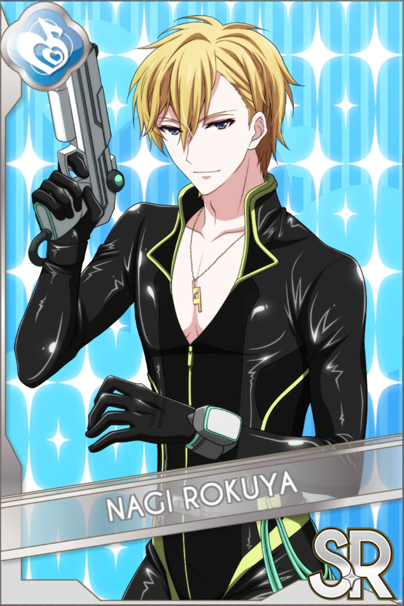 「アイナナ警察2」カードイラスト(SR・Melody)。六弥ナギが黒い光沢のあるスーツにネックレスを付け、黒手袋をはめて銀色の拳銃を構える。水色のキラキラ背景