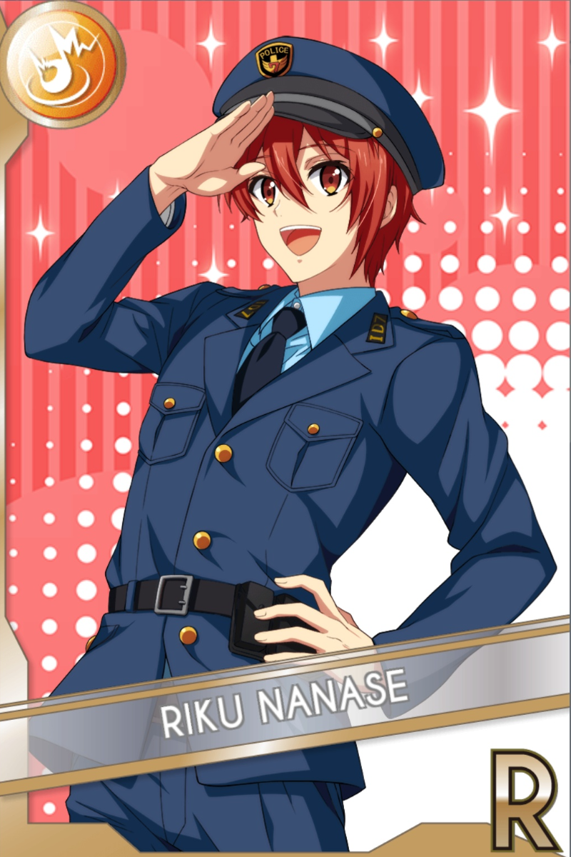 「アイナナ警察」カードイラスト(R・Shout)。七瀬陸が紺色の警察官風制服に制帽を被り、笑顔で敬礼する。赤のキラキラ背景