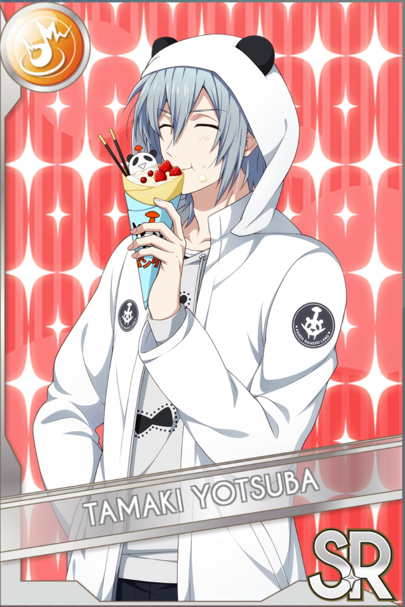 「White Special Day!」カードイラスト（SR・Shout）。四葉環がパンダ耳付きの白いパーカーを着て、イチゴとパンダの乗ったクレープを持ち目を閉じている。背景は赤のストライプ