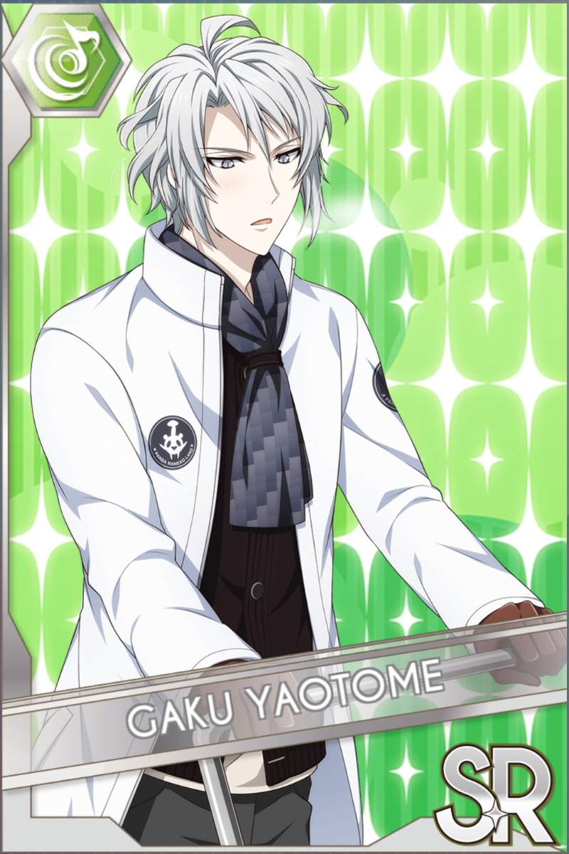 「White Special Day!」カードイラスト(SR・Beat)。八乙女楽が白いジャケットにグレーのネッカチーフを締め、無表情に立っている。背景は緑のストライプに星が散る