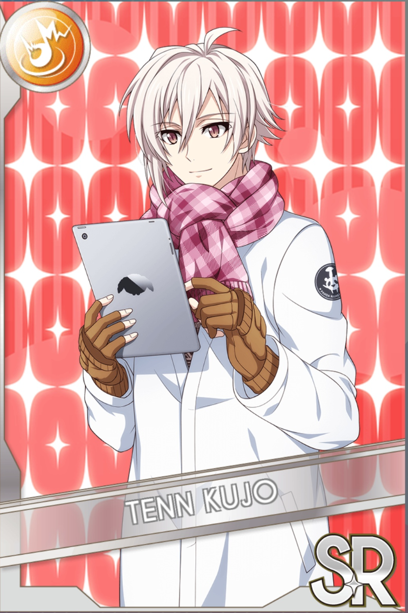 「White Special Day!」カードイラスト(SR・Shout)。九条天が白いジャケットにピンクのチェックのマフラーを巻き、茶手袋をはめてタブレットを持っている。背景は赤のストライプ