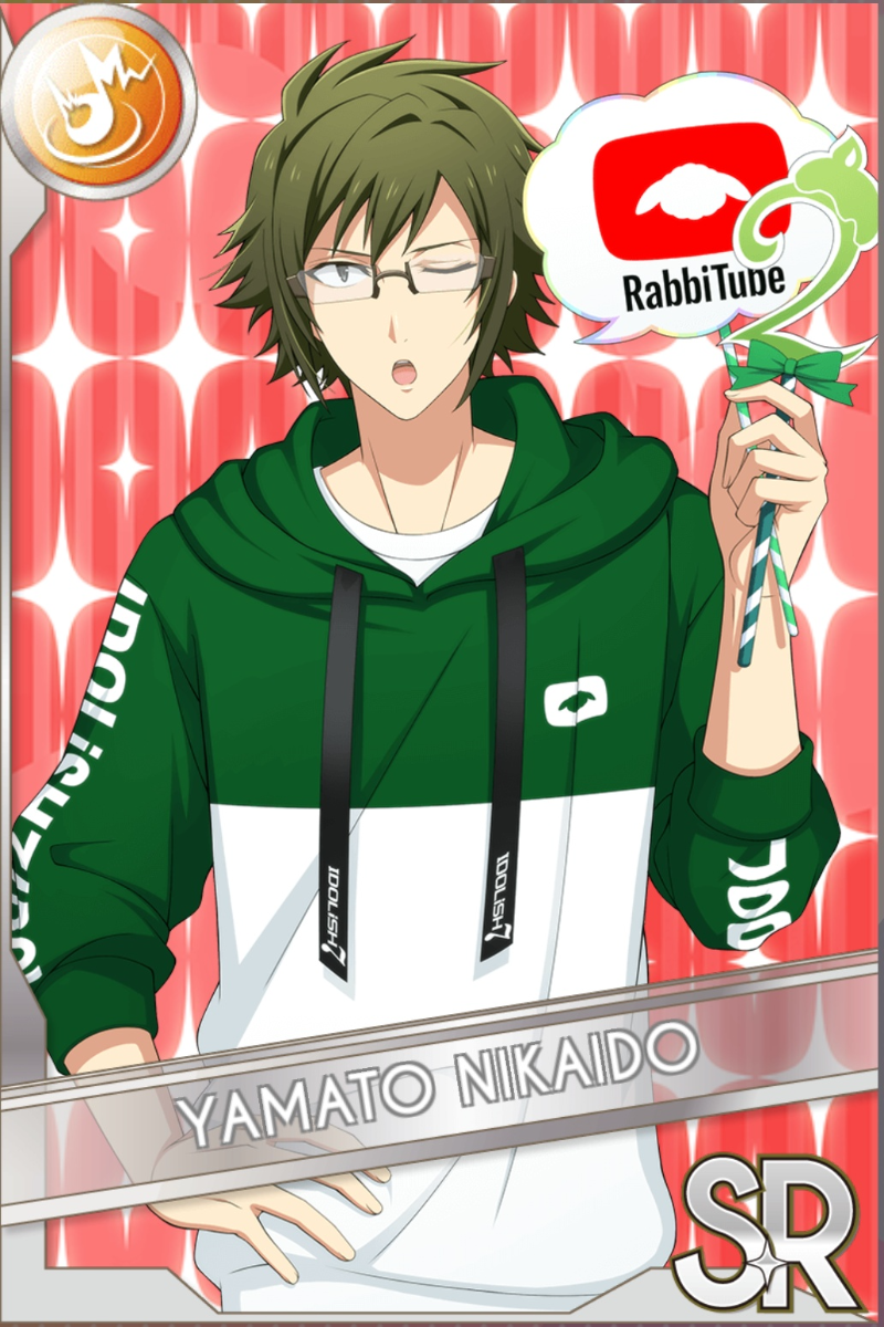 「RabbiTube」カードイラスト(SR・Shout)。二階堂大和が緑と白のパーカーを着て、うさぎロゴの吹き出しと数字2の旗を持ち口を開ける。赤い光る背景
