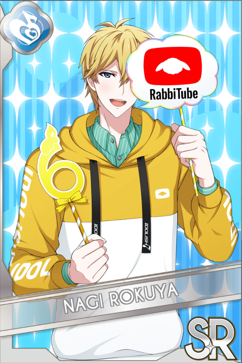「RabbiTube」カードイラスト(SR・Melody)。六弥ナギが黄色と白のパーカーに緑のシャツを合わせ、数字6とうさぎロゴの旗を持って口を開ける。水色の光る背景