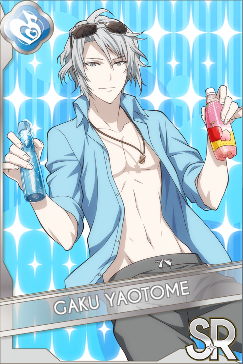「夏のデート対決」カードイラスト（SR・Melody）。八乙女楽が水色のシャツをはだけて頭にサングラスを載せ、両手に飲料ボトルを持つ。水色の光る背景