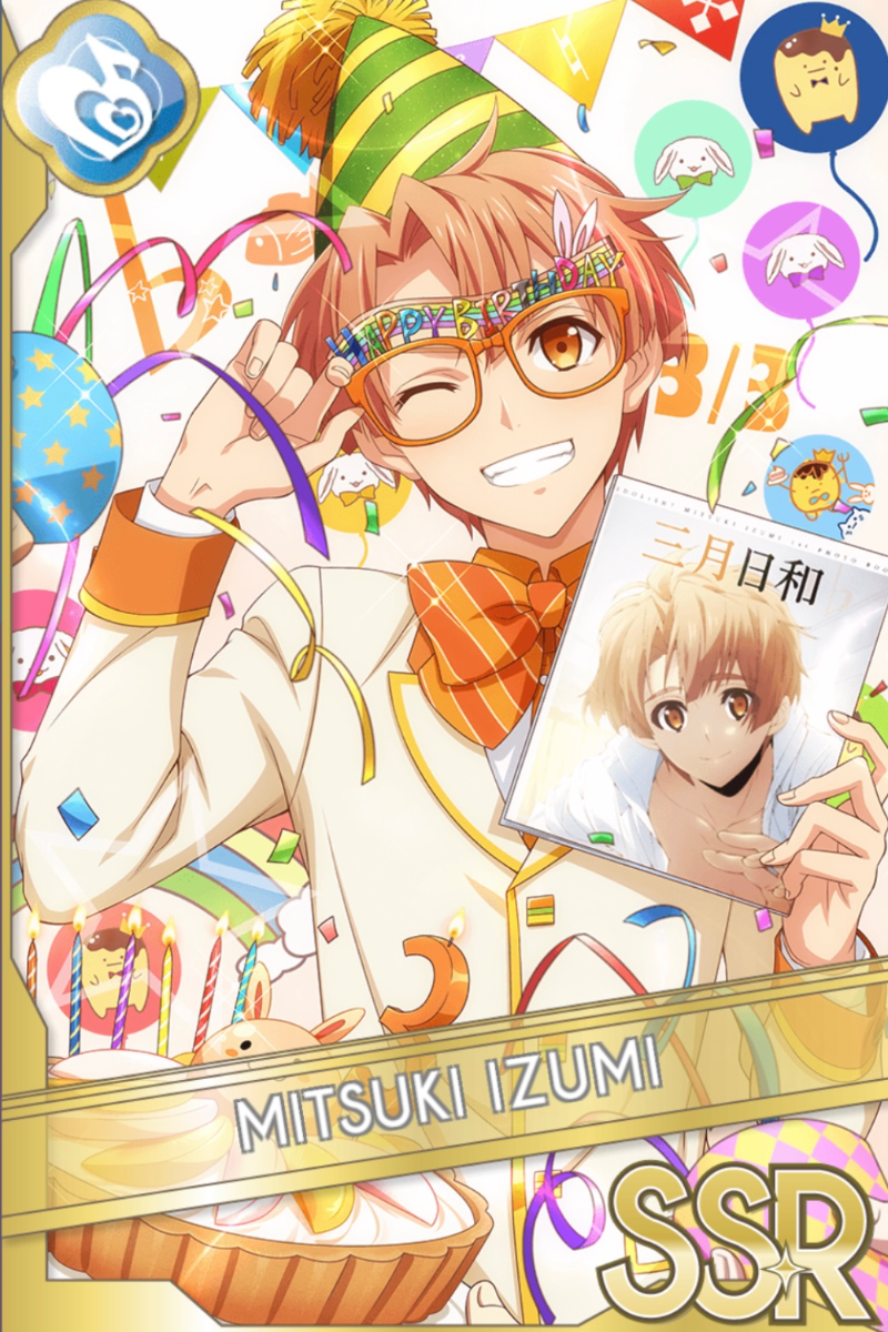 「誕生日日和2」カードイラスト（SSR・Melody）。和泉三月が緑のパーティーハットと眼鏡をかけ、写真を手に持って祝っている。風船と紙吹雪が舞う背景