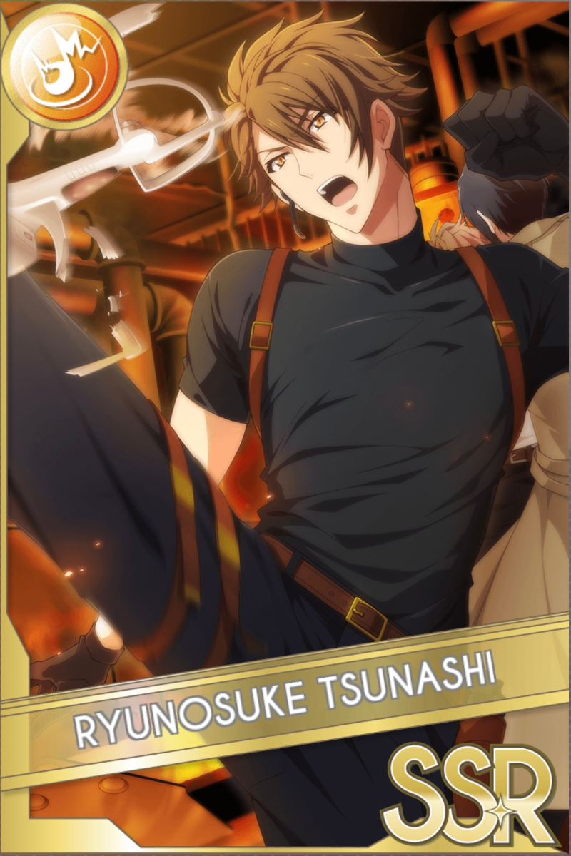 「トリガー警察3」カードイラスト(SSR・Shout)。十龍之介が黒いタートルネックに茶色のサスペンダーを着て、口を開けて身を回す。橙色の照明が灯る工場の背景