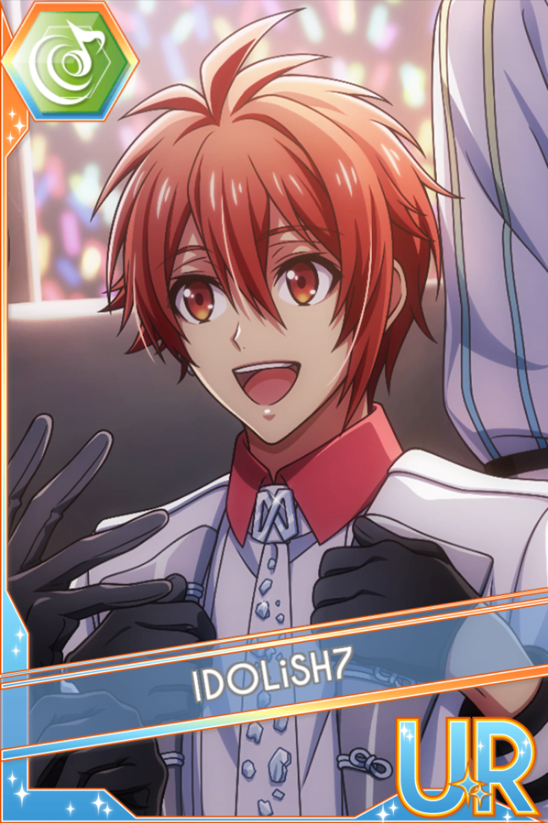 「Rainbow City COUNTDOWN LIVE 2025」カードイラスト(UR・Beat)。IDOLiSH7が赤い襟の白い衣装に黒い手袋を着て、口を開けて手を広げる。暖かい光のぼかし背景