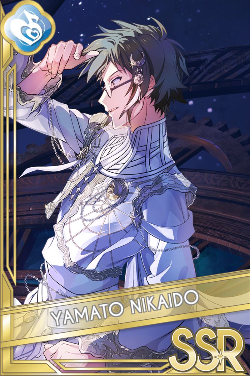「10.5th anniv. -Chronicle of Star-」カードイラスト(SSR・Melody)。二階堂大和が淡青の装飾衣装を纏い、額の前に指を掲げて微笑む。夜空と木組みの屋根が背景に広がる