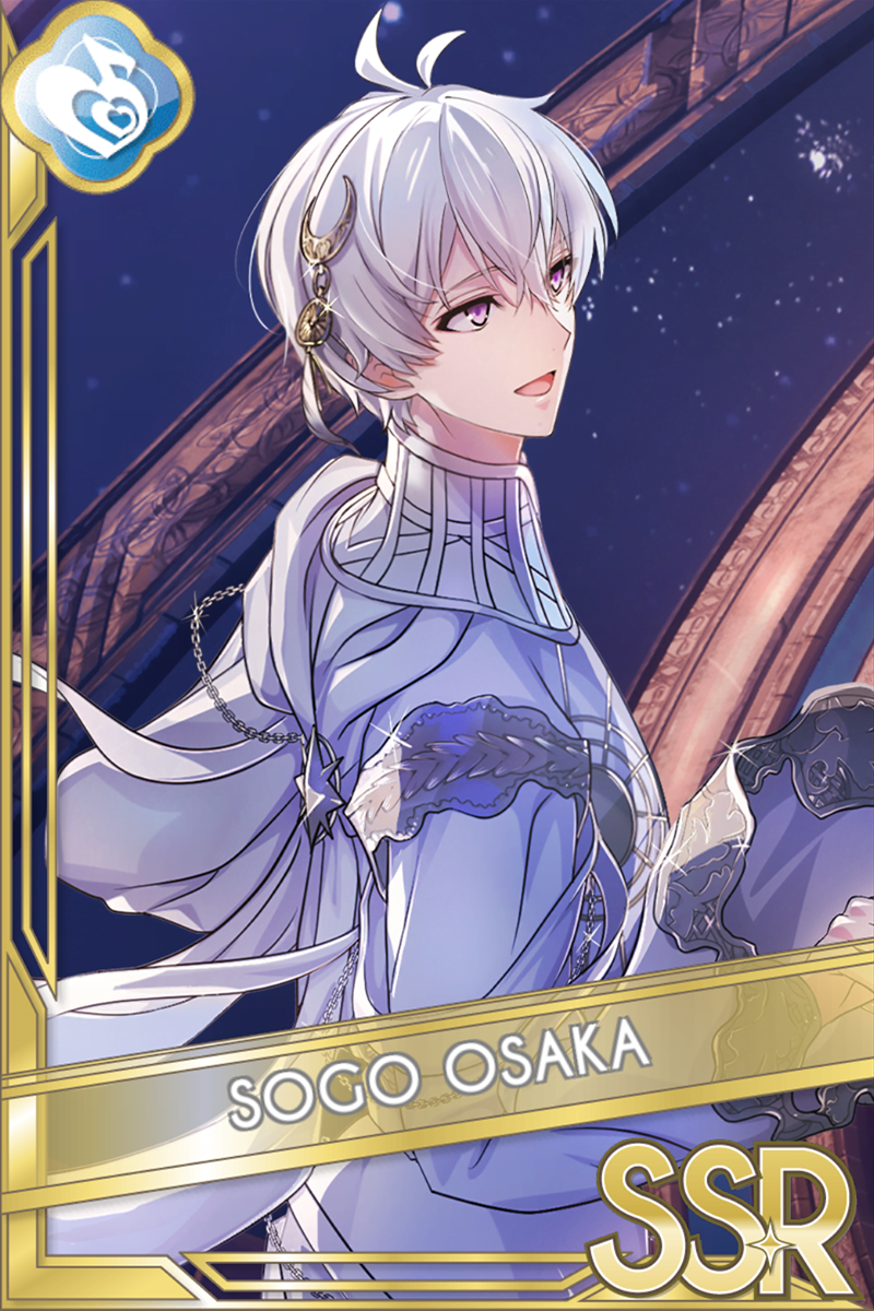 「10.5th anniv. -Chronicle of Star-」カードイラスト(SSR・Melody)。逢坂壮五が淡青の装飾衣装と耳飾りを纏い、横を向いて口を開ける。星空と石造りのアーチが背景に広がる