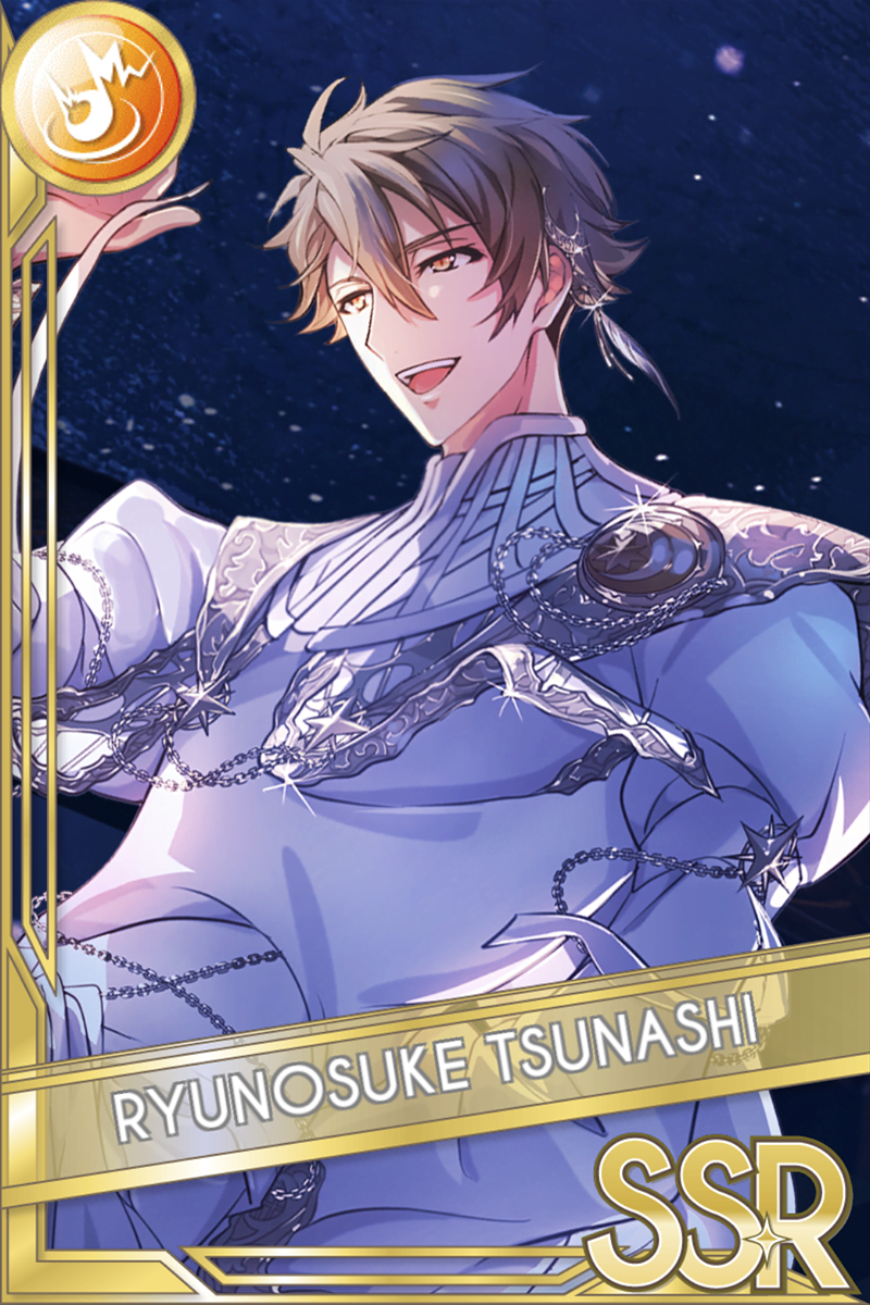 「10.5th anniv. -Chronicle of Star-」カードイラスト(SSR・Shout)。十龍之介が淡青の装飾衣装と髪飾りを纏い、片腕を上げて口を開けて笑う。星空の青い背景が広がる