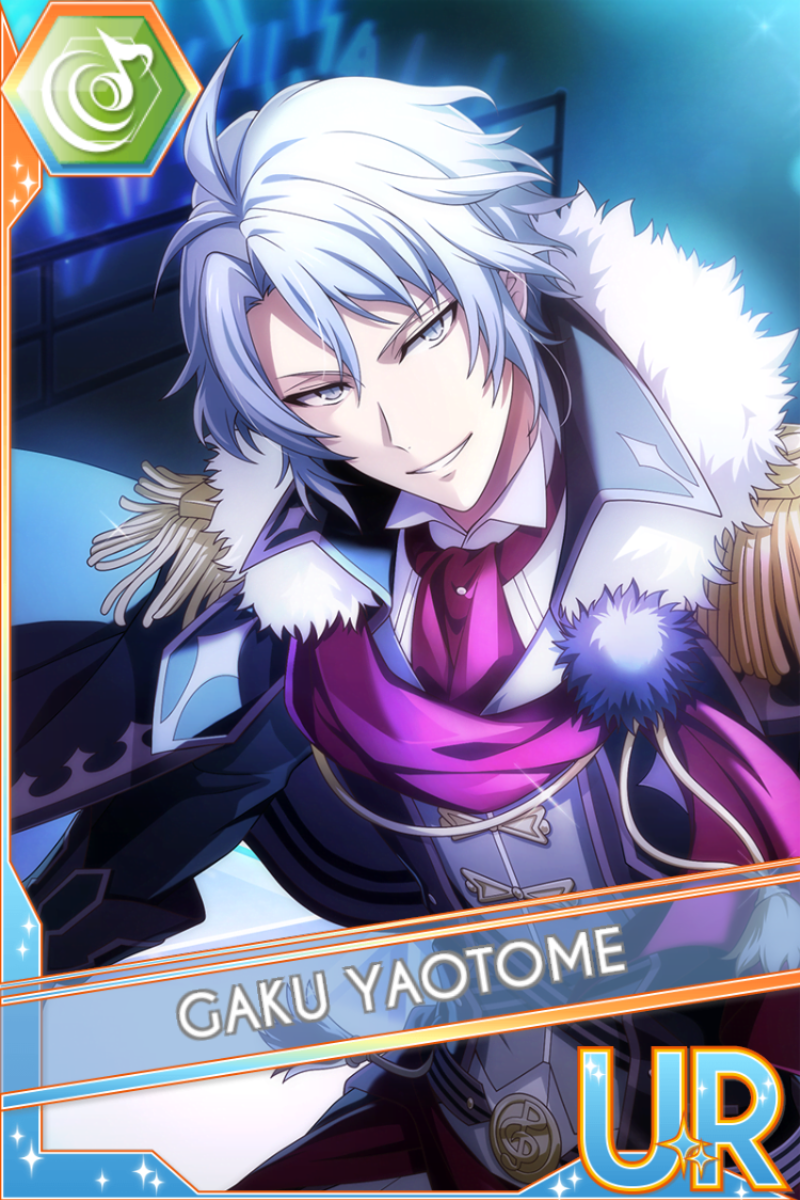 「DAYBREAK INTERLUDE2」カードイラスト（UR・Beat）。八乙女楽が毛皮襟のコートに赤いストールを巻き、紫の襟を立てて微笑む。青い光の室内が背景に広がる
