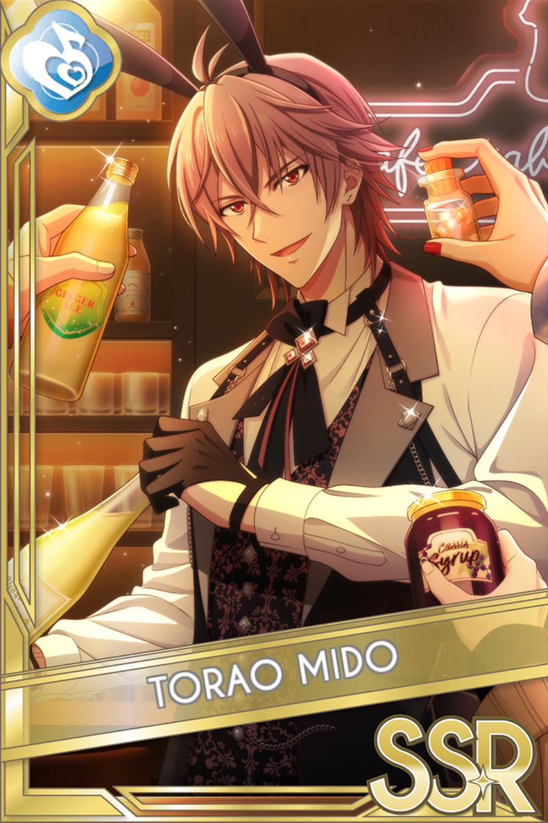 「cafe rabBit Day2」カードイラスト（SSR・Melody）。御堂虎於がうさ耳カチューシャとベスト姿で、シロップの瓶とジュースの瓶を持って微笑む。ネオンの店内が背景