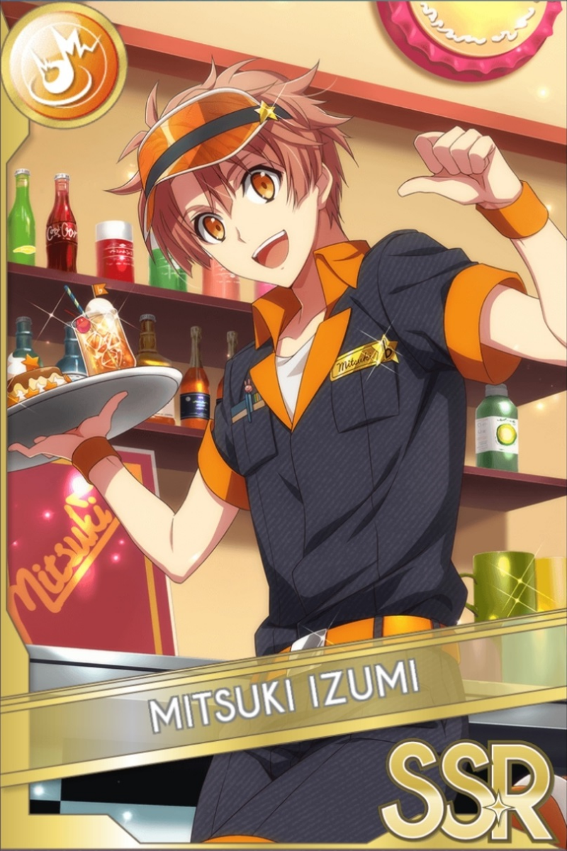 「Order Please!」カードイラスト（SSR・Shout）。和泉三月がオレンジのサンバイザーと黒い制服姿で、トレイに飲み物を載せて片腕を上げる。ボトルが並ぶ店内が背景