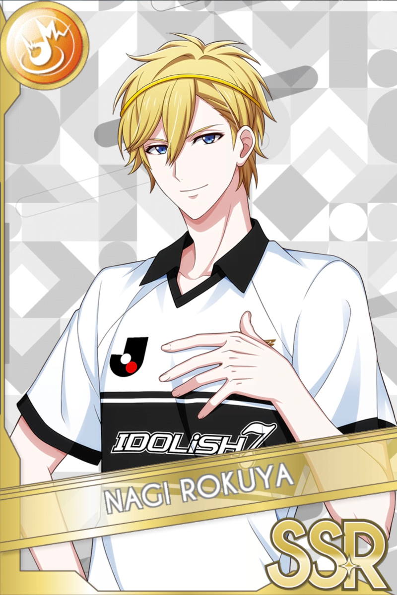「Jリーグで白黒つけようか」カードイラスト(SSR・Shout)。六弥ナギが白黒のポロシャツに黄色いヘアバンドを付け、胸に手を添えて微笑む。幾何学模様の背景が広がる