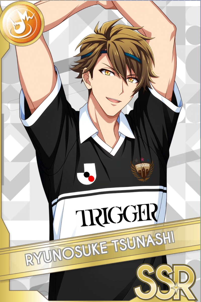 「Jリーグで白黒つけようか」カードイラスト（SSR・Shout）。十龍之介が黒白のポロシャツに青いヘアバンドを付け、両腕を頭の上で組む。幾何学模様の背景が広がる