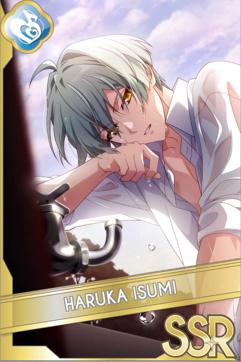 「Photo Collection -潤-」カードイラスト(SSR・Melody)。亥清悠が白いシャツ姿で濡れた髪に手を添え、蛇口の前で水滴を付けて見つめる。青空が背景に広がる