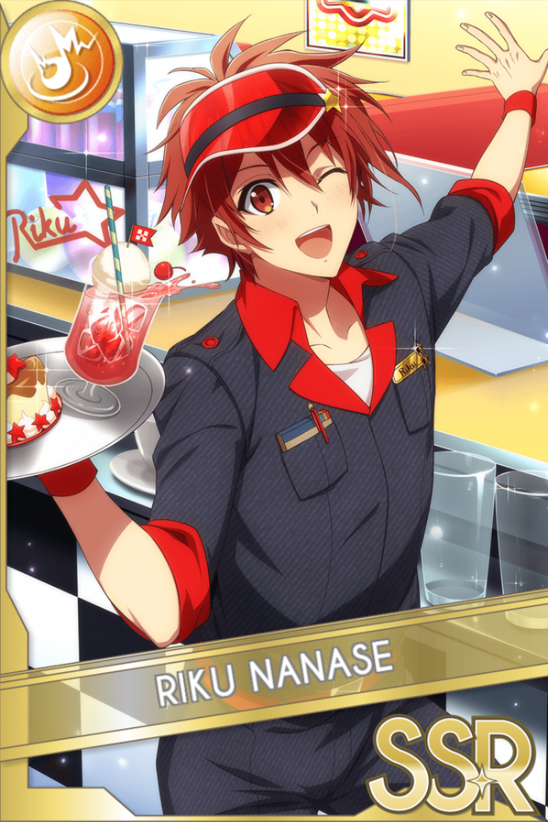 「Order Please!」カードイラスト(SSR・Shout)。七瀬陸が赤いサンバイザーと黒赤の制服を着て、飲み物とケーキを載せた盆を掲げ、店内の装飾を背景に