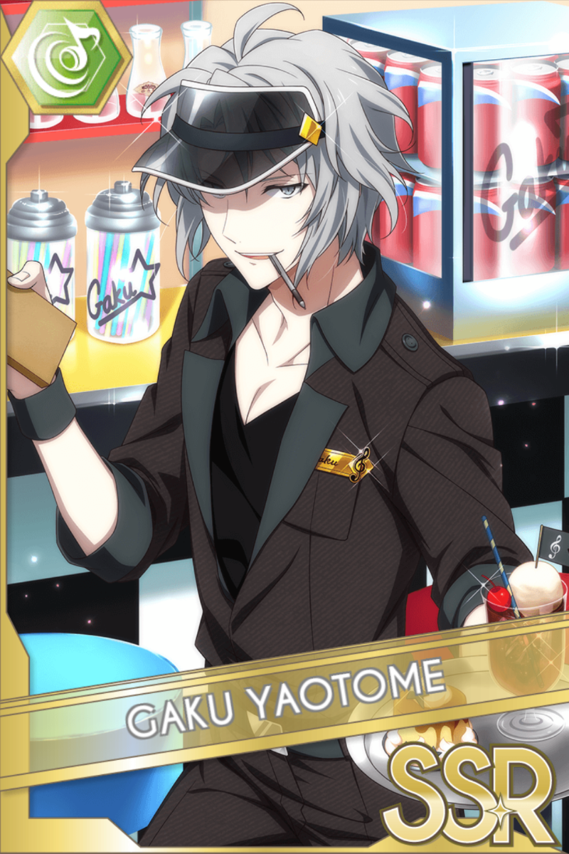 「Order Please!」カードイラスト（SSR・Beat）。八乙女楽が黒い制服とサンバイザーを着け口に棒を咥えてメニューを持ち、スプレー缶と冷蔵ケースを背景に