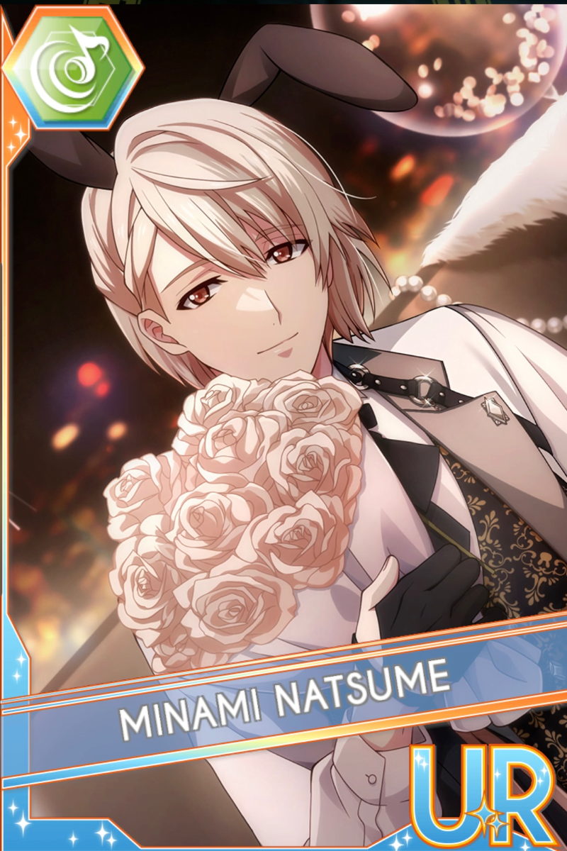 「cafe rabBit Day3」カードイラスト（UR・Beat）。棗巳波が黒い兎耳と白いジャケットを着て白い薔薇の花束を抱え、光の舞う暗い店内を背景に