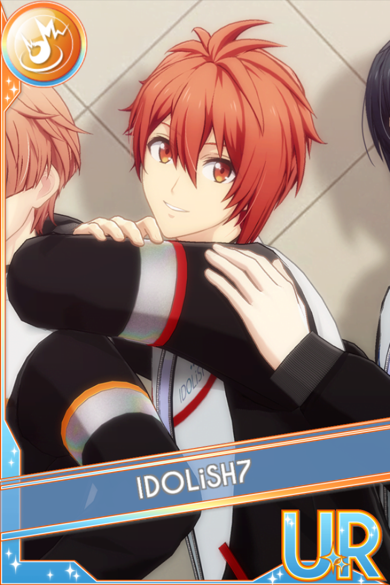 「記念日2026」カードイラスト(UR・Shout)。IDOLiSH7が白と黒のジャケットを着て仲間の肩に手を置き微笑み、淡い室内の背景