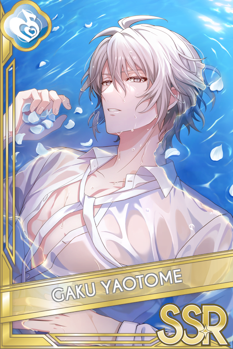 「Photo Collection -潤-」カードイラスト(SSR・Melody)。八乙女楽が濡れた白いシャツを着て水に浸かり、気泡と花びらの舞う青い水中を背景に